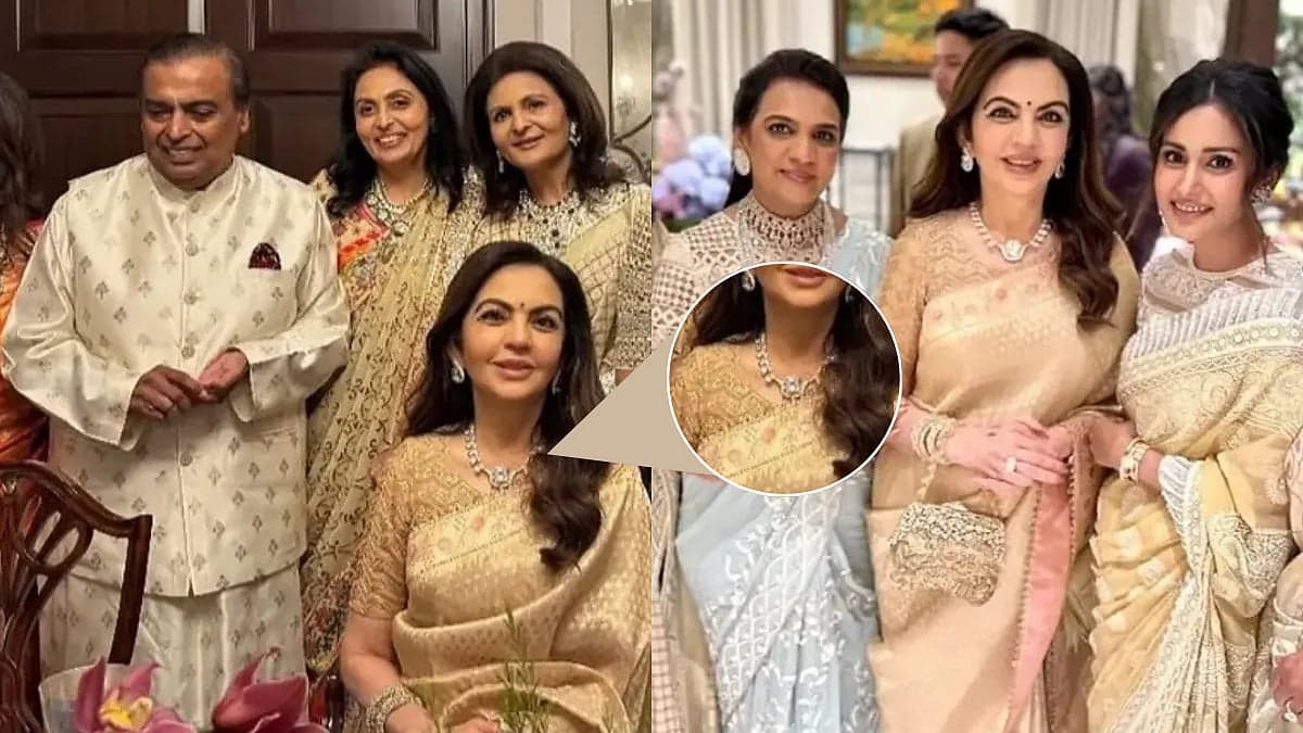 Nita Ambani Stuns In Beige-Gold Silk Saree And Showstopping Diamond Necklace Alongside Mukesh Ambani At Family Celebration