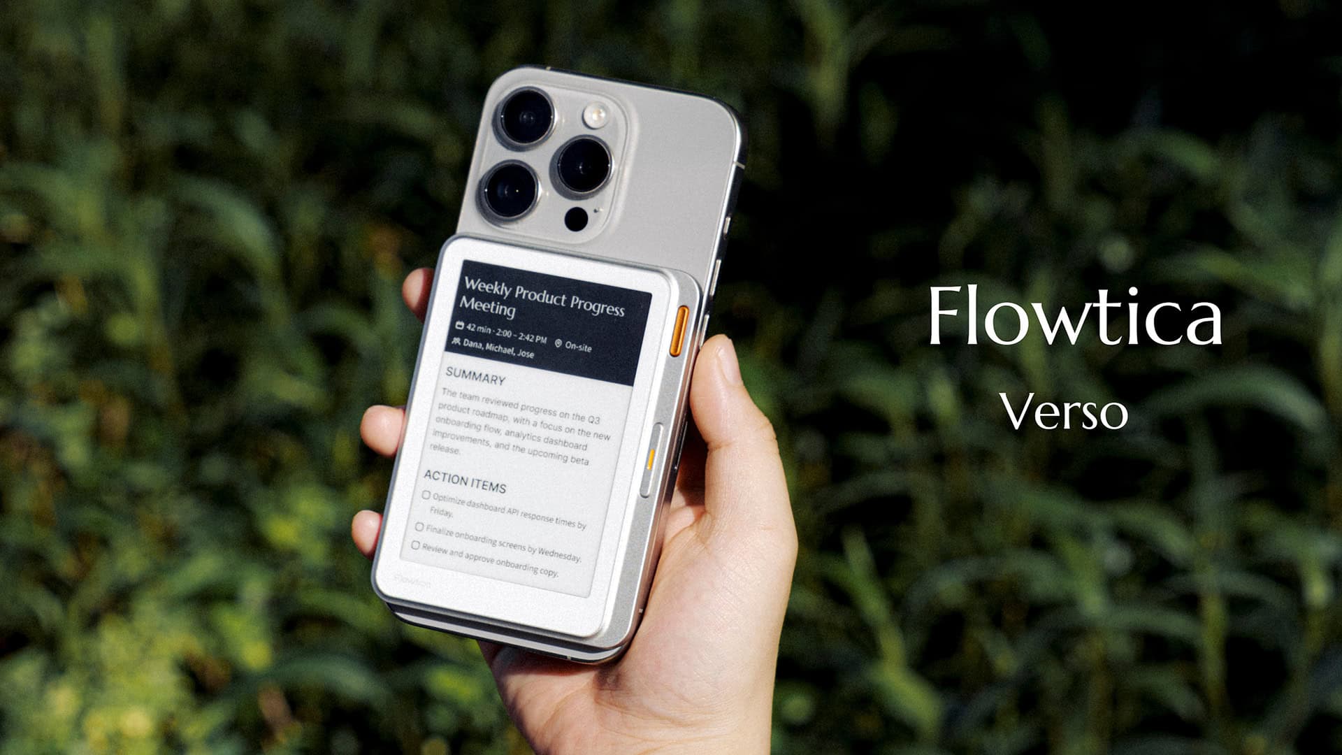Flowtica Verso snaps onto your phone with an e-paper display for AI-powered meeting notes