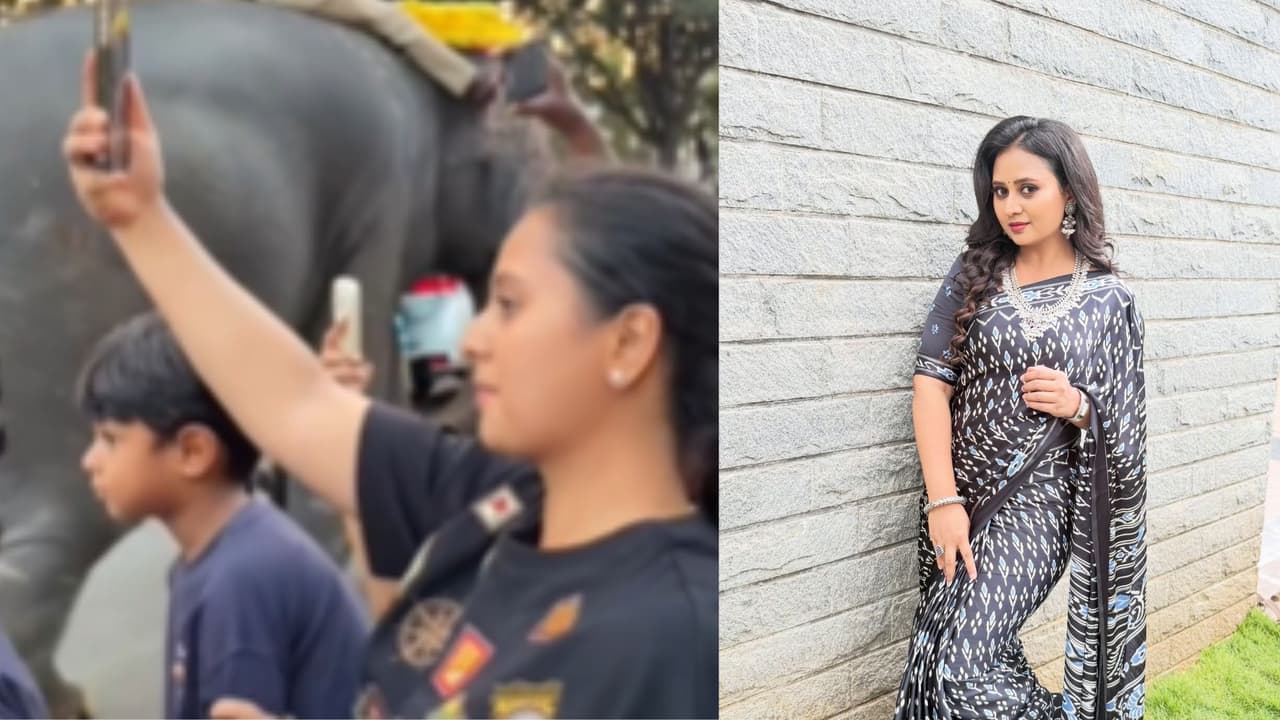 Actress Amulya Spots Mysuru Dasara Elephants With Twins