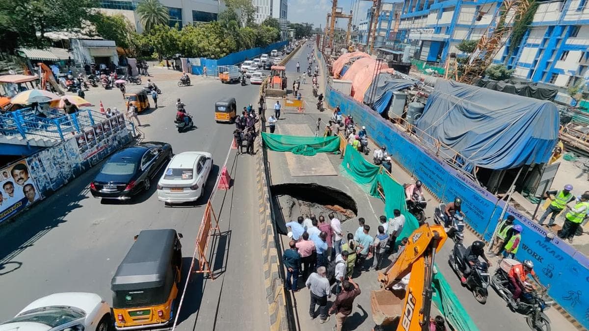 Car falls into sinkhole as road caves in near Chennai’s Tidel Park