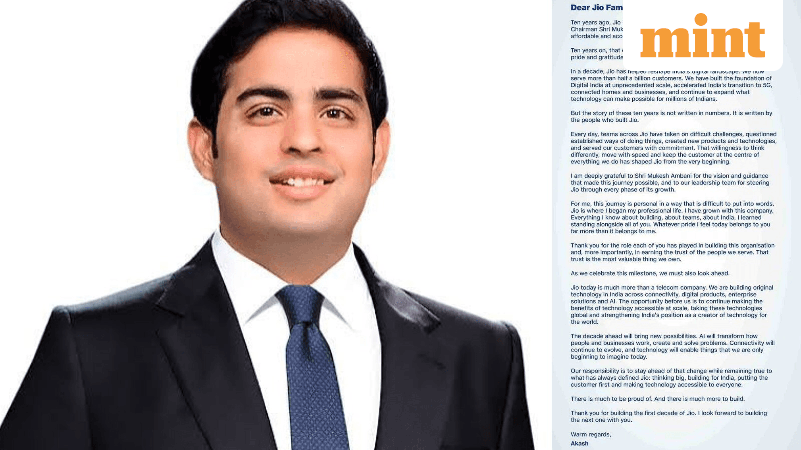 Jio completes 10 years: Akash Ambani in heartfelt letter to employees says, ‘Whatever pride I feel today belongs to you’